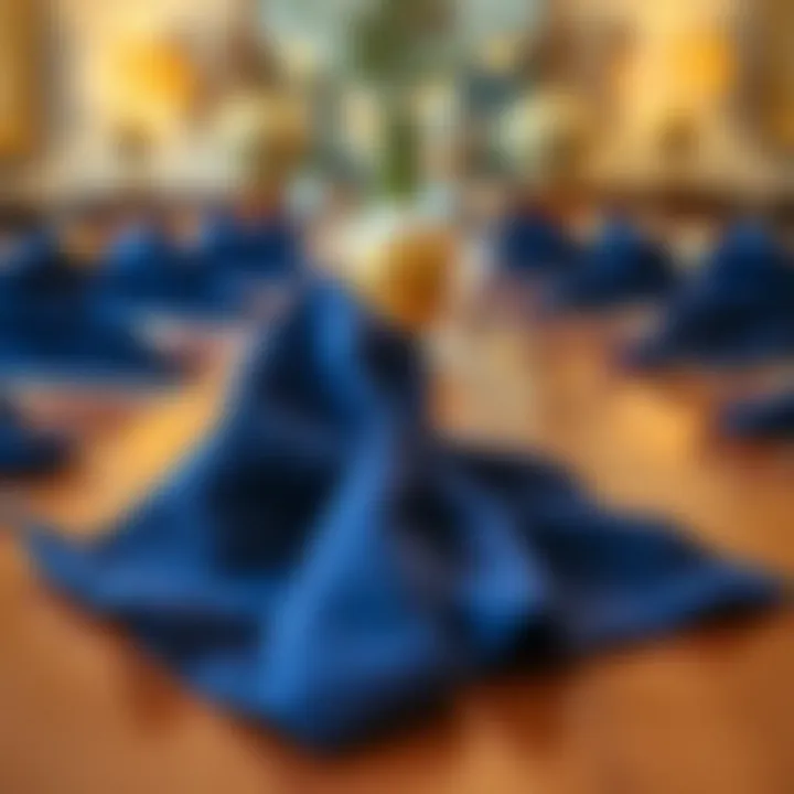 Artfully folded navy blue napkins on a formal dining table