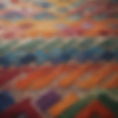 Close-up of colorful geometric patterns on a textile surface.