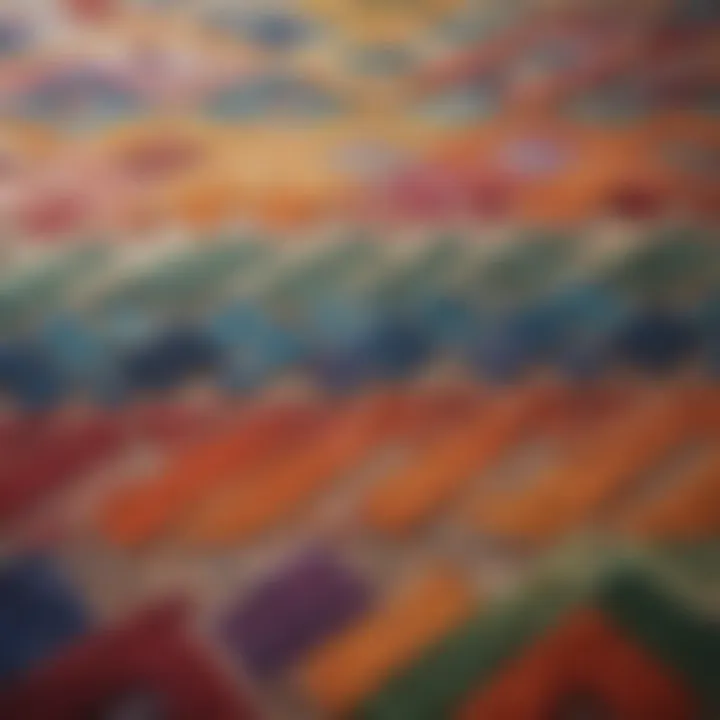 Close-up of colorful geometric patterns on a textile surface.