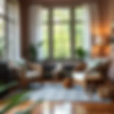 Trendy living room featuring wicker chairs with decorative slip covers