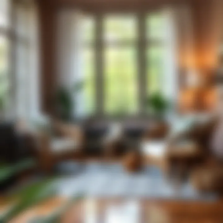 Trendy living room featuring wicker chairs with decorative slip covers