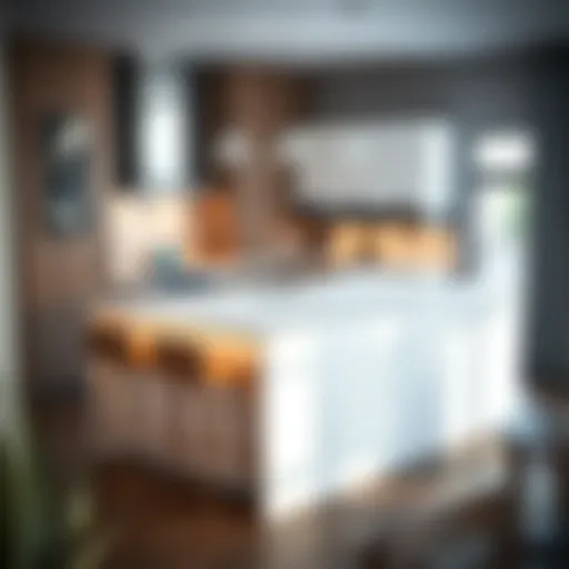 Contemporary kitchen island featuring white quartz top with stylish bar stools