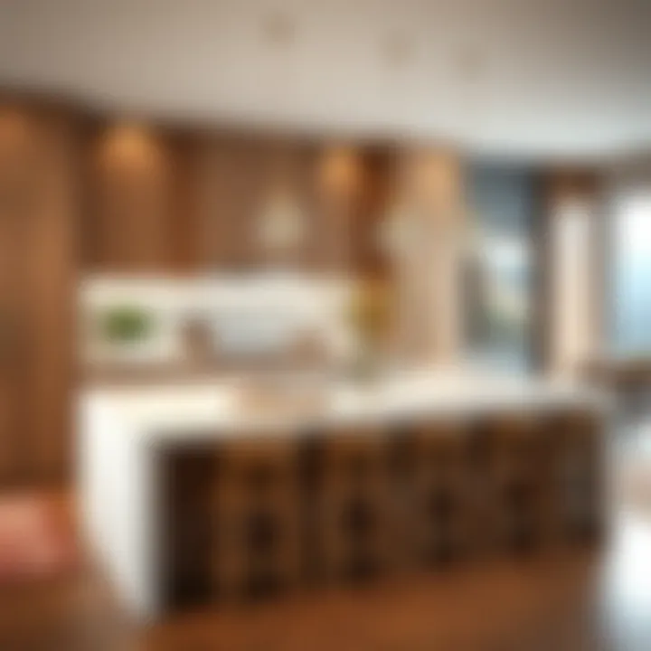 Luxurious kitchen island design with white quartz complemented by wooden cabinetry