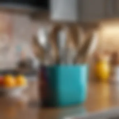 Colorful covered utensil holder adding vibrancy to a kitchen