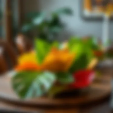 Close-up of Leaves in Breakfast Table Decor Close-up of vibrant leaves incorporated into the table decor