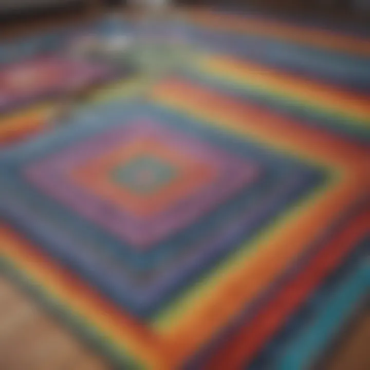 Diverse materials used in crafting rainbow geometric rugs displayed together.