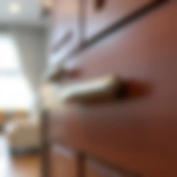 Close-up of brushed nickel cabinet pulls on a wooden cabinet