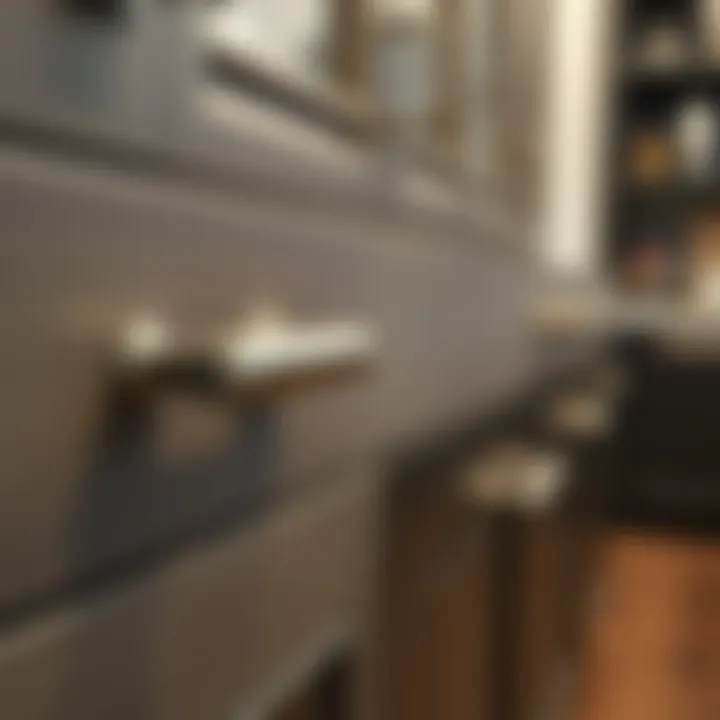 Installation of brushed nickel cabinet pulls on cabinetry