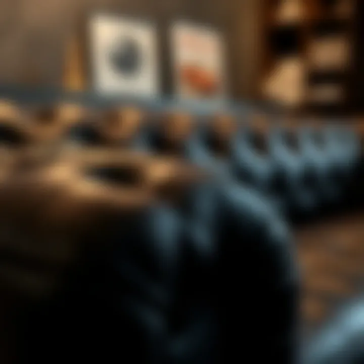 Close-up of the tufted detailing on a black leather sofa