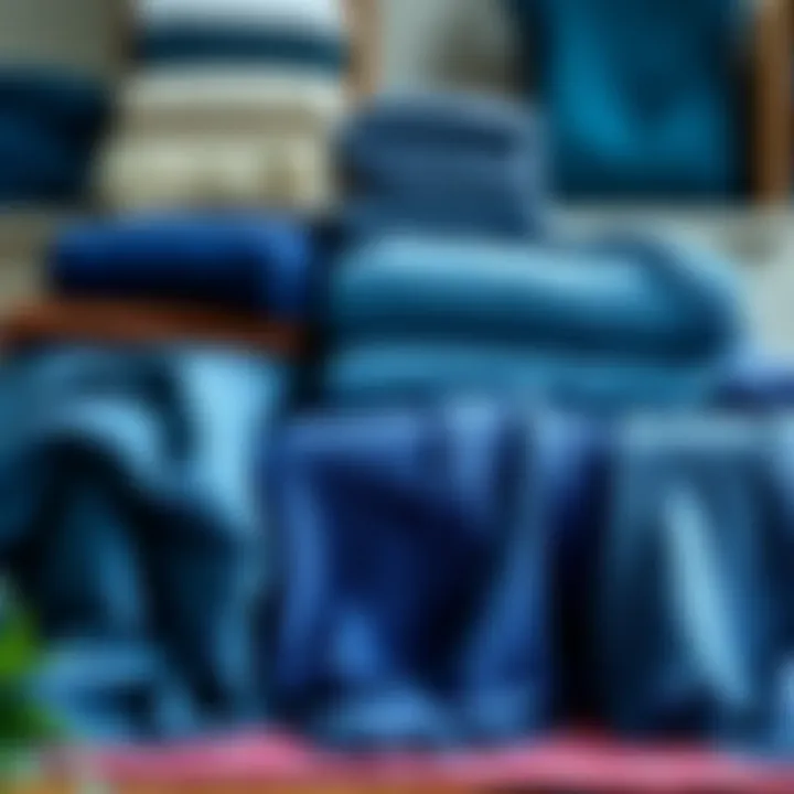 Variety of blue throw blankets displayed in an organized manner