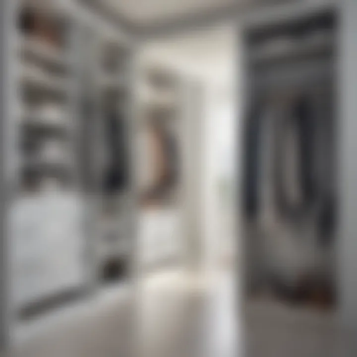 Interior view of a well-organized closet with mirrored sliding doors