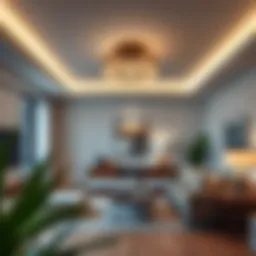 Elegant flush mount lighting fixture in a modern living room