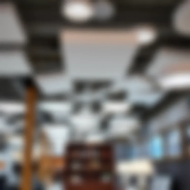 Variety of drop ceiling light panels displayed in a showroom