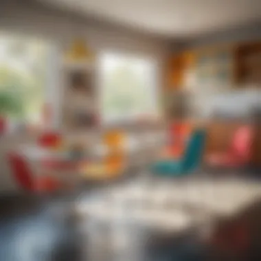 An array of colorful mid-century modern plastic dining chairs displayed in a contemporary kitchen.