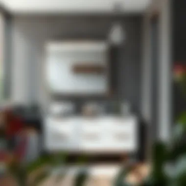 Contemporary bathroom layout featuring narrow mirrored cabinet