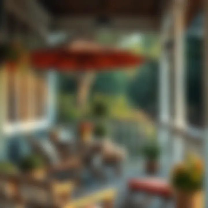 Charming Porch Scene Charming porch scene with a rustic umbrella and furniture