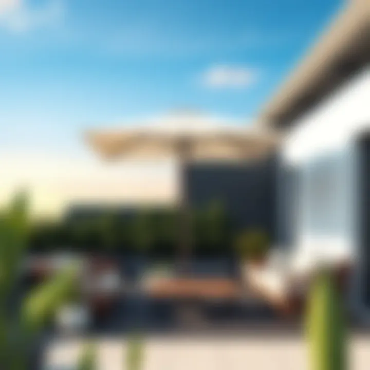 Contemporary Patio with Minimalist Design Contemporary patio featuring minimalist furniture and a large umbrella