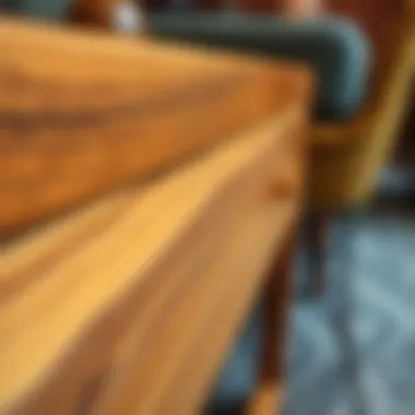 Detailed close-up of solid wood grain on a sofa table with drawers