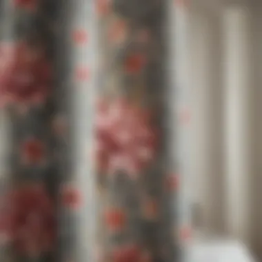 Close-up of intricate floral patterns on a shower curtain