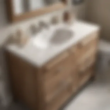 A beautifully designed white washed walnut bathroom vanity with elegant fixtures.