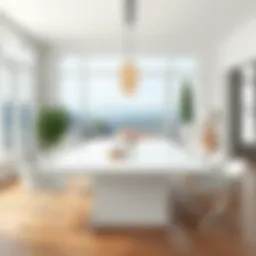 A modern big white table in a stylish dining room