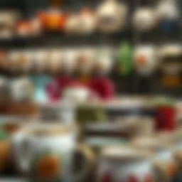 A collection of uniquely designed ceramic tea mugs on a display