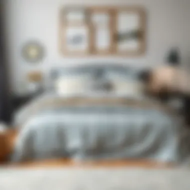 Cozy Bedroom with Gray Striped Bedspread Cozy bedroom showcasing gray striped bedspread with complementary decor