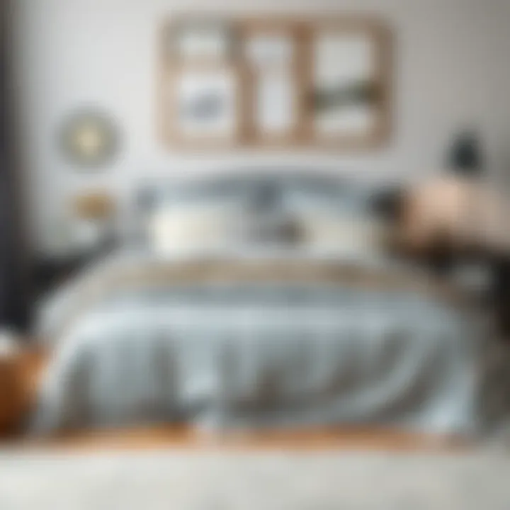 Cozy Bedroom with Gray Striped Bedspread Cozy bedroom showcasing gray striped bedspread with complementary decor