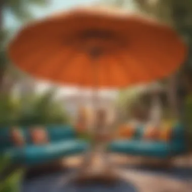 Colorful outdoor lounge set under a shaded umbrella