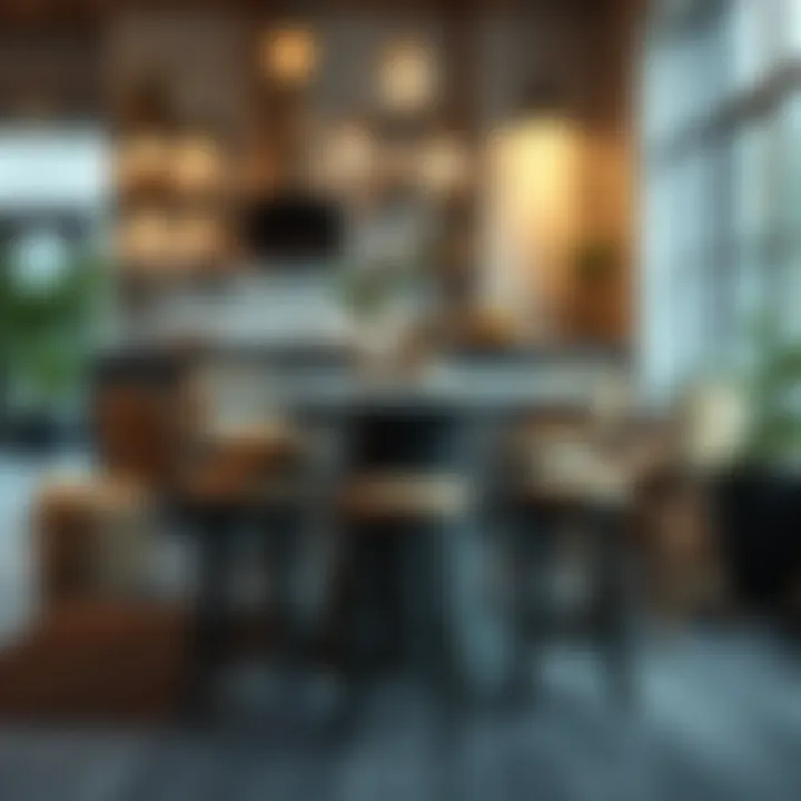 Cozy Dining Area with Round Bar Table A cozy dining area featuring a round bar table surrounded by stools