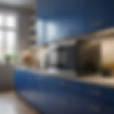 Royal blue microwave integrated with modern kitchen aesthetics