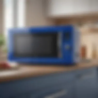 Close-up of royal blue microwave showcasing its sleek design