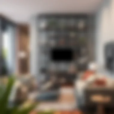 Modern steel shelving unit in a stylish living room