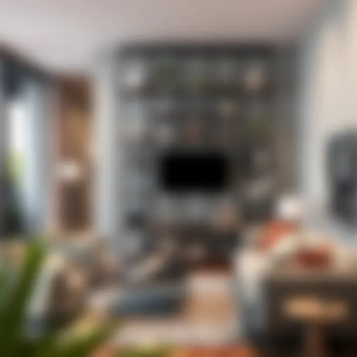 Modern steel shelving unit in a stylish living room