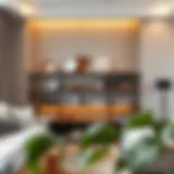 Chic Living Room Shelf Display Elegant two-foot wide shelf adorned with decorative items in a modern living room