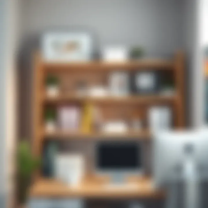 Office Organization with Versatile Shelf Functional two-foot wide shelf used for organizing office supplies in a workspace