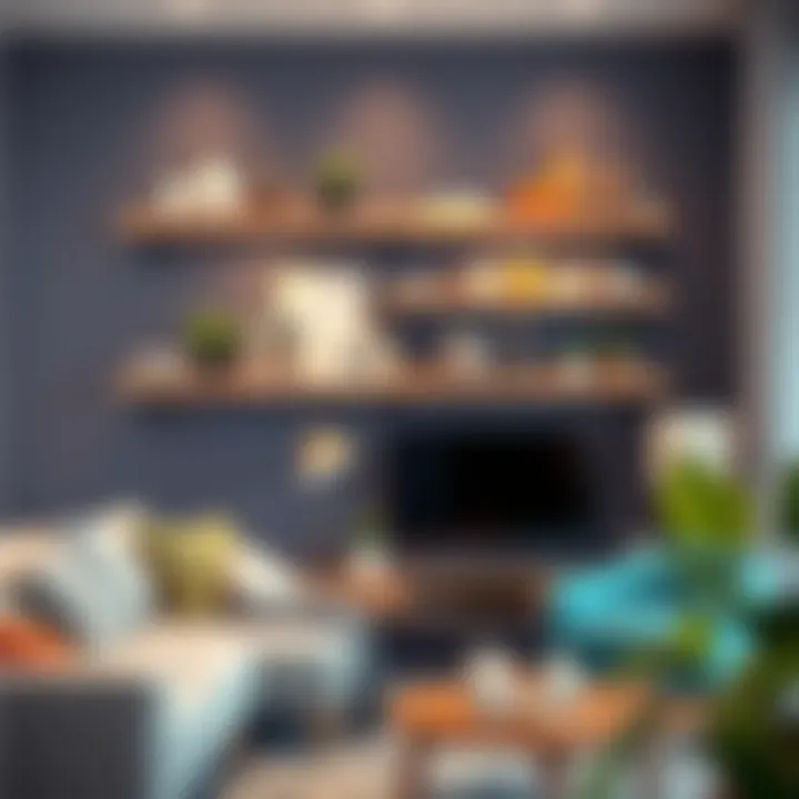 Creative use of floating shelves in a vibrant living space