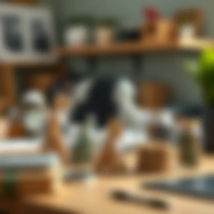 Organized workspace featuring little glass jars for supplies