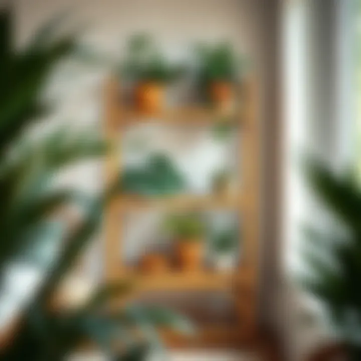 Sustainable Rattan Shelf in Cozy Space Sustainable rattan plant shelf in a cozy corner