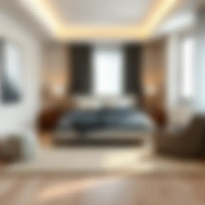 Tan grey area rug complementing a minimalist bedroom design