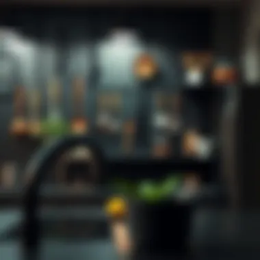 Innovative black steel pegboard system used for displaying kitchen utensils and decor