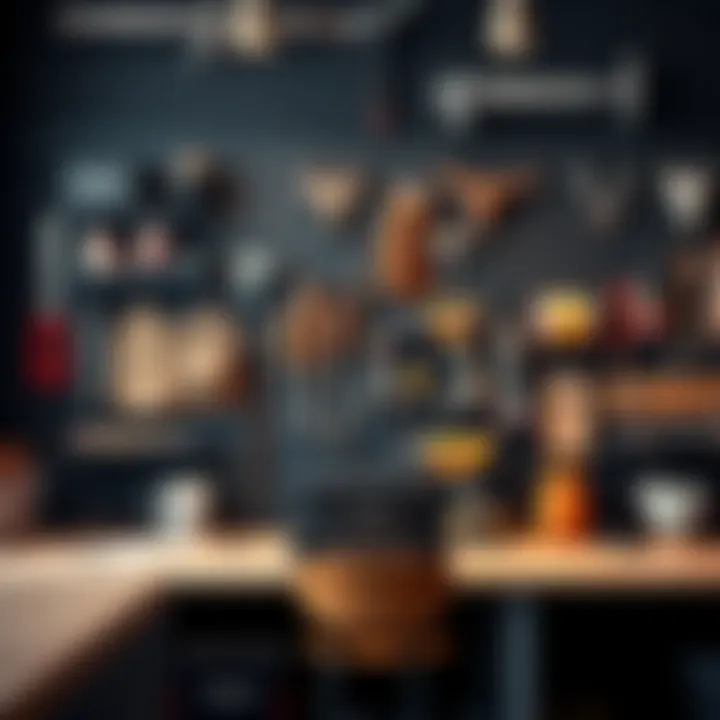 Stylish black steel pegboard showcasing tools and accessories in a modern workshop