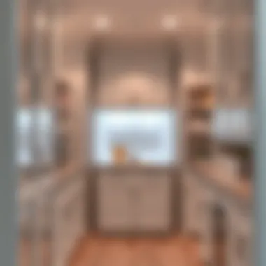 Chic walk-in pantry with integrated lighting and aesthetic appeal