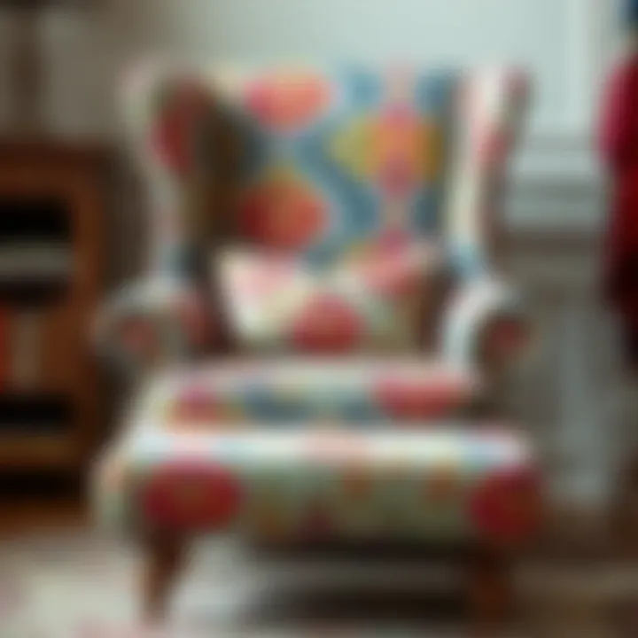 Elegant wingback chair with a custom cover showcasing vibrant fabric patterns.