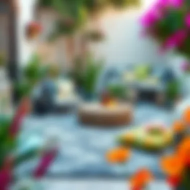 Gray patio rug harmonizing with vibrant plants and decor