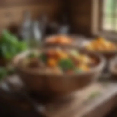 A rustic wooden dinner bowl filled with fresh ingredients