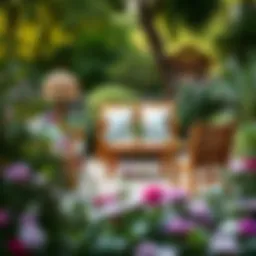 Beautifully restored acacia wood outdoor furniture set in a lush garden