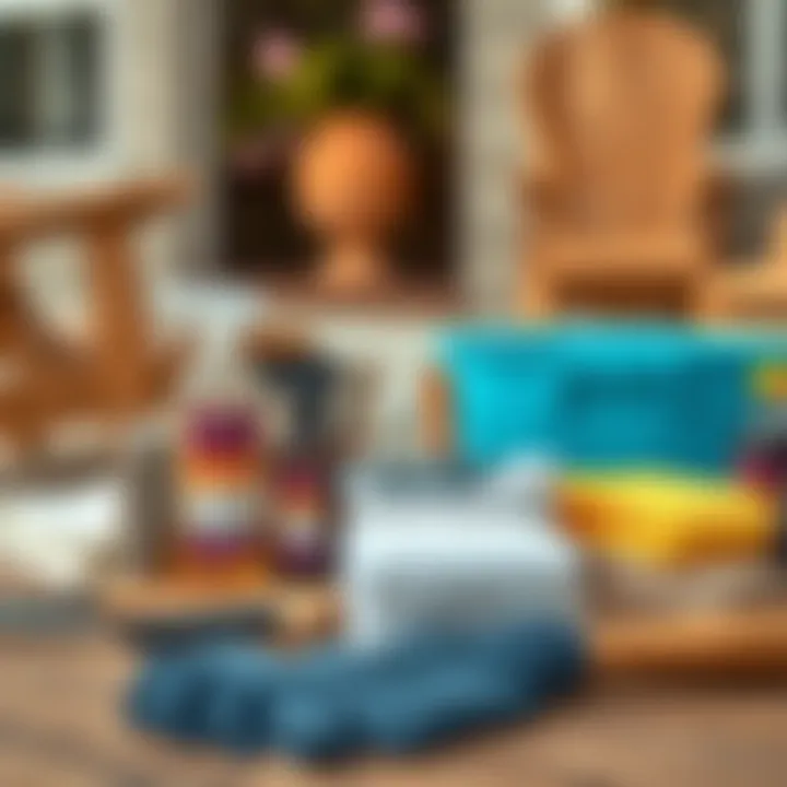 Essential Tools for Acacia Wood Restoration Cleaning supplies and tools arranged for restoring outdoor furniture