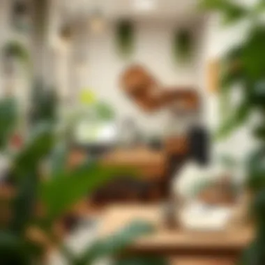 Eco-Friendly Bee-Themed Workspace An eco-friendly workspace decorated with plant life and bee-themed accessories.