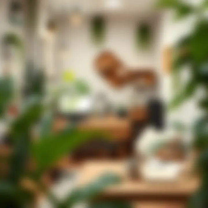 Eco-Friendly Bee-Themed Workspace An eco-friendly workspace decorated with plant life and bee-themed accessories.